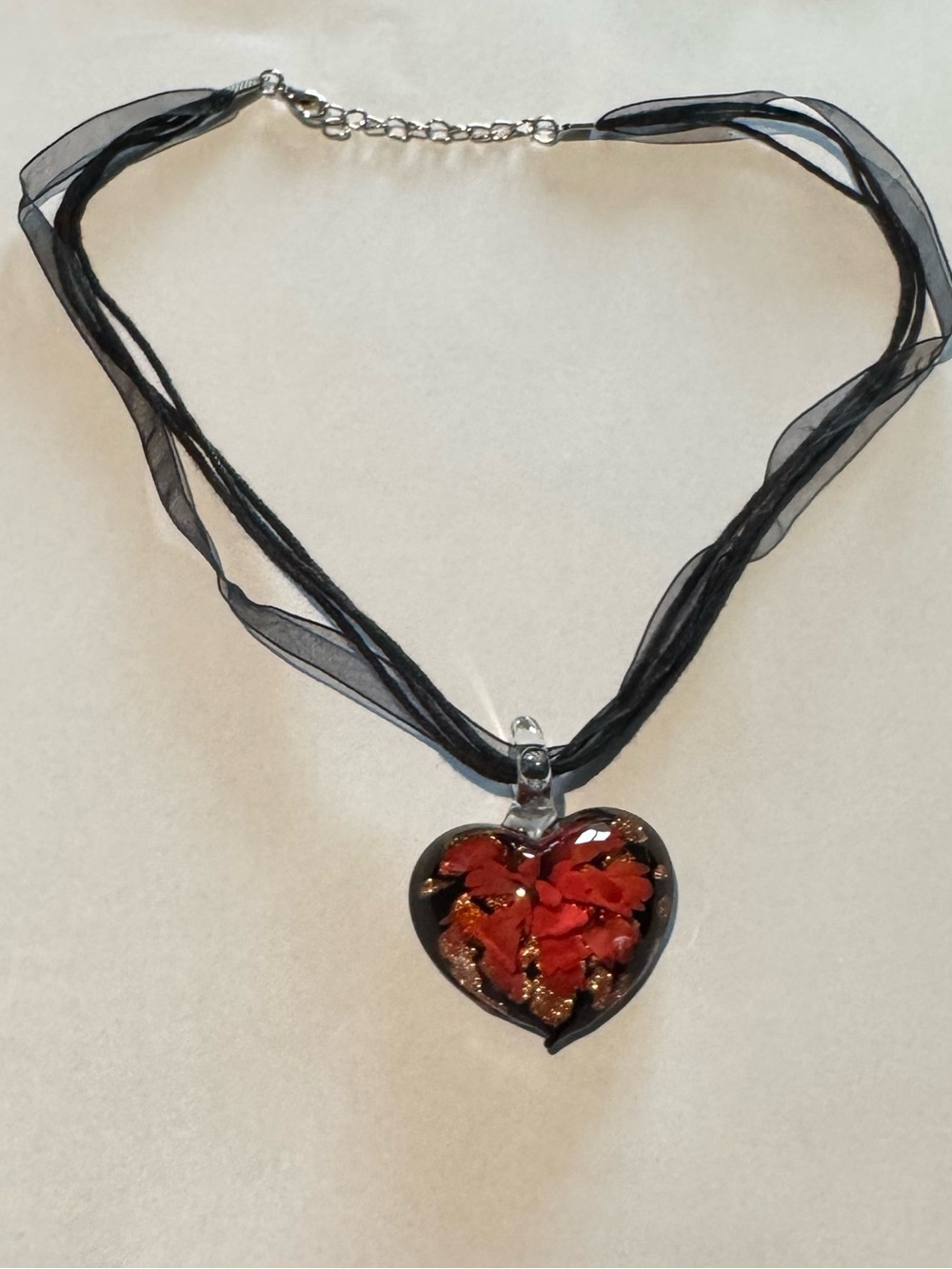 Black Ribbon Necklace with Glass Red Heart Pendant